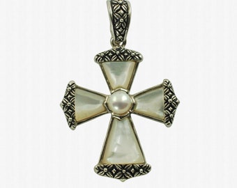 Vintage Sterling Silver White Cultured Pearl and Mother of Pearl Cross Pendant Enhancer