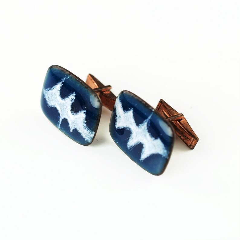 Vintage Mid Century Modern Enamel on Copper Cuff Links Artisan Signed NIK One of A Kind