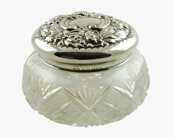 Antique Gorham Cluny Pattern Sterling Silver Lidded Art Nouveau Cut Crystal Dresser Vanity Jar, Silver Floral Repousse Lid