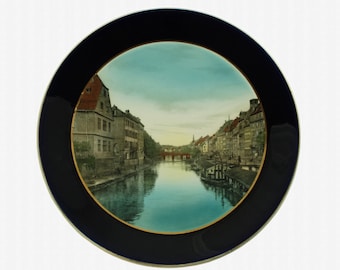 Antique French Sarreguemines Scenic Wall Plate Strasbourg Schiffleutstaden Quai des Bateliers Boatman's Wharf