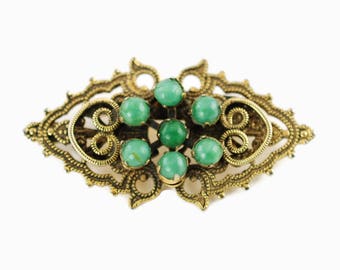 Vintage Gold Tone Filigree Convertible Brooch Pendant with 7 Green Beads