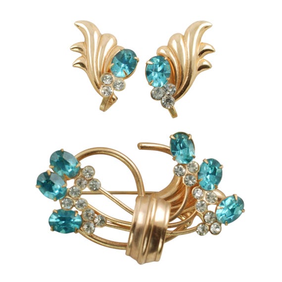Vintage Unsigned Phyllis Demi Parure Teal and Clear Rhinestone Brooch and Screwback Earring Set, Something Blue Wedding Jewelry