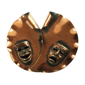 Vintage MCM Copper Comedy and Tragedy Brooch Pin with Fluted Edges