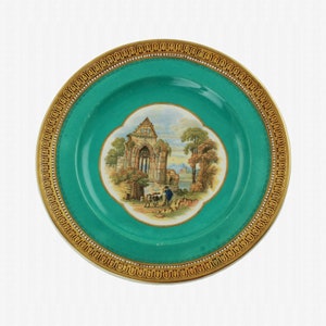 Rare Antique F&R Pratt Green &quot;Ruined Abbey Chancel&quot; 6.25&quot; Plate with Quatrefoil Cartouche and 123 Border