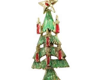 Vintage Star Topped Christmas Tree Brooch Pin with Green Branches and Red Candles