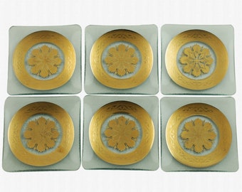 Vintage Gilded Snowflake Medallion Motif Glass Coasters Set of 6, Retro Bar Decor