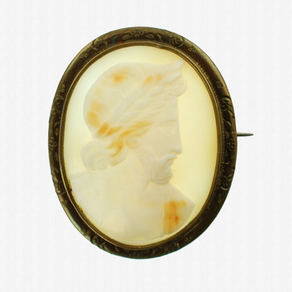 Antique Hand Carved Zeus Shell Cameo Brooch Pin w… - image 2