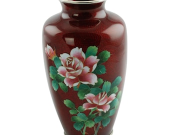 Vintage Japanese Akasuke Ginbari Cloisonné 7" Vase with Rose Motif