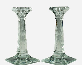Vintage Heisey Aristocrat Candle Holders with Cut Leaf Decoration