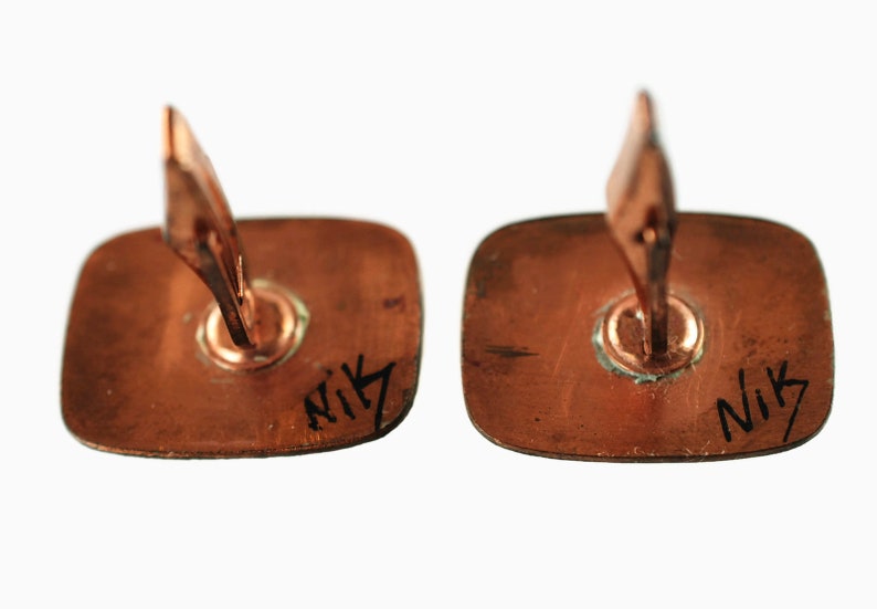 Vintage Mid Century Modern Enamel on Copper Cuff Links Artisan Signed NIK One of A Kind