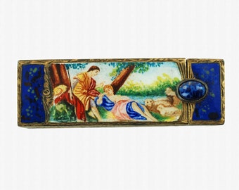 Continental Gilt Silver Lipstick Case Hand Painted Enamel The Sleeping Shepherdess after François Boucher with Pop Up Mirror and Faux Lapis
