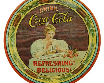 Vintage 1977 Coca-Cola 75th Anniversary 12" Round Metal Tray Featuring Hilda Clark, "Drink Coca-Cola Refreshing! Delicious!", Cincinnati OH