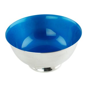 Large Vintage Reed and Barton #104 8&quot; Diameter Silverplate Paul Revere Style Bowl with Blue Enamel Interior, Something Blue Wedding Gift