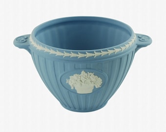 Vintage Wedgwood Blue Jasperware Fluted Miniature Cachepot, Grape Leaves and Fruit in a Basket