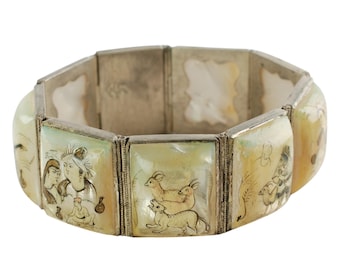 Vintage Hand Painted Mother of Pearl Persian Silver Link Bracelet