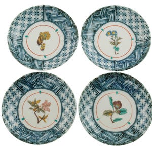 Vintage Japanese Kutani Region Inban Transferware Dishes with Floral and Basketweave Motif - Set of Four
