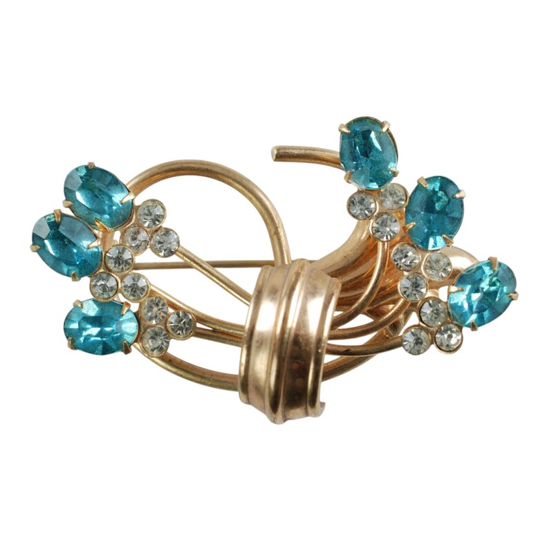 Vintage Unsigned Phyllis Demi Parure Teal and Clear Rhinestone Brooch and Screwback Earring Set, Something Blue Wedding Jewelry image 2