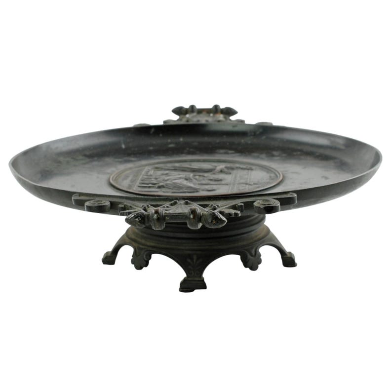 Antique Continental 19th Century Neoclassical Tazza Bronze Relief Plaque VIRGILIVS APVD MECENATEM Palmette Handles and Pinecone Finials image 7