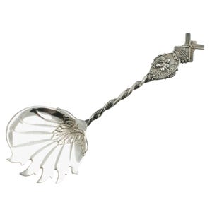 Antique Ornate Dutch Cucumber Tomato Spoon with Twisted Engraved Stem and Windmill Finial