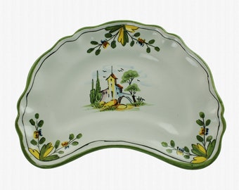 Vintage Cantagalli Italy Hand Painted Faience Crescent Shaped Dish Landscape Motif