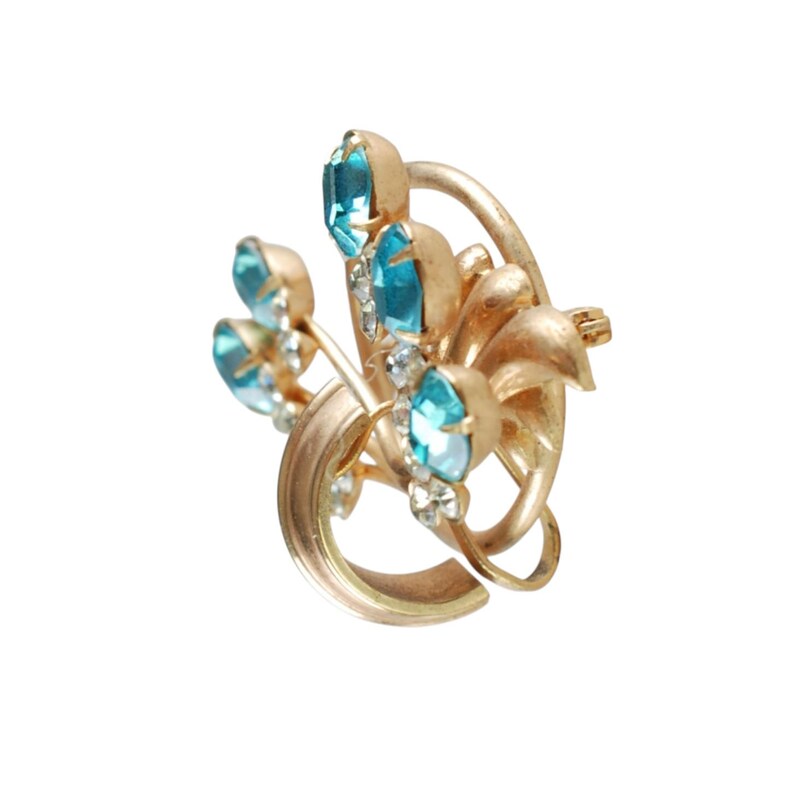 Vintage Unsigned Phyllis Demi Parure Teal and Clear Rhinestone Brooch and Screwback Earring Set, Something Blue Wedding Jewelry image 4