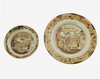 Antique 19th Century Chinoiserie Brown Transferware Plate and Bowl, Falconer Mongol Huntsman Sana Pattern