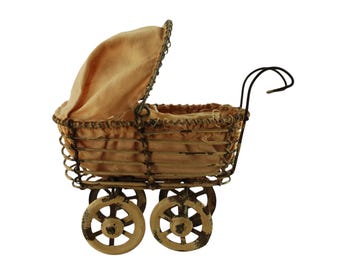 Antique Miniature German Wire Pram Baby Carriage with Miniature Wire-Jointed Bisque Porcelain Baby Original Pink Fabric