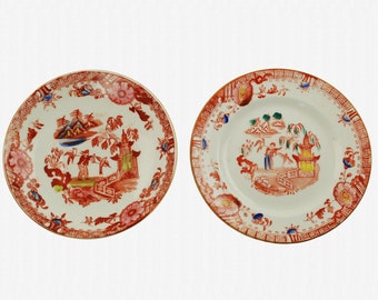 Antique Chinoiserie Slamat Formosa Printed and Painted Porcelain Plate and Bowl Set Fisherman 2 Birds Pagoda and Mountains