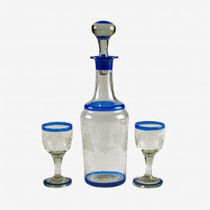 Antique Etched Bohemian Glass Decanter and Liqueur Cordial Set with Hand Painted Blue Trim, Grapevine Motif, Hand Numbered