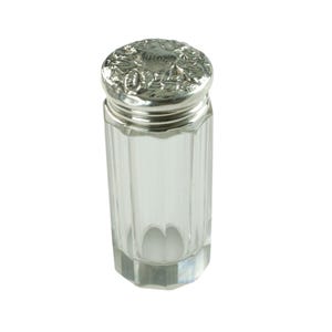 Vintage Paneled Glass Dresser Jar with Sterling Silver Lid, Morning Glory Motif, Decagon Glass Vanity Jar