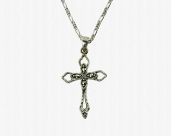 Vintage Sterling Silver Marcasite Cross Pendant with 18" Sterling Silver Figaro Link Chain