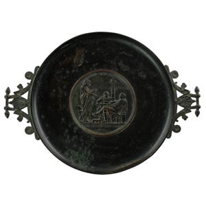 Antique Continental 19th Century Neoclassical Tazza Bronze Relief Plaque VIRGILIVS APVD MECENATEM Palmette Handles and Pinecone Finials image 1