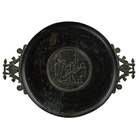 Antique Continental 19th Century Neoclassical Tazza Bronze Relief Plaque VIRGILIVS APVD MECENATEM Palmette Handles and Pinecone Finials
