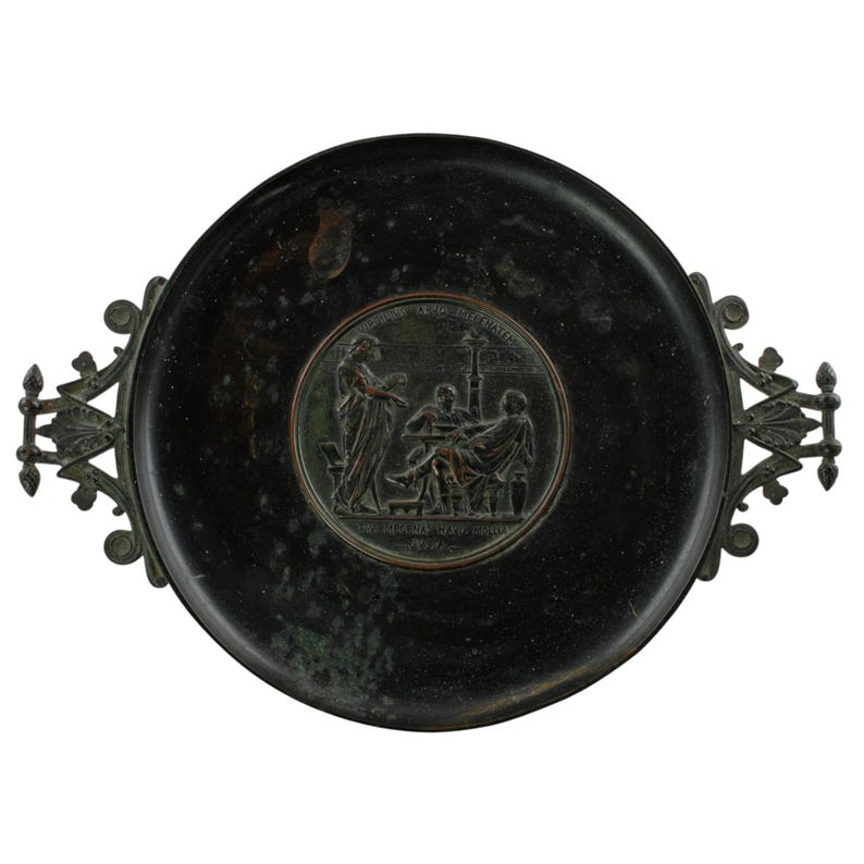Antique Continental 19th Century Neoclassical Tazza Bronze Relief Plaque VIRGILIVS APVD MECENATEM Palmette Handles and Pinecone Finials image 1