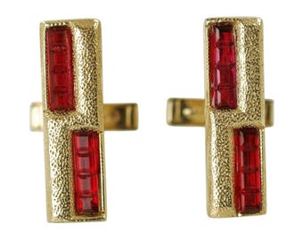 Vintage Gold Tone Cuff Links, Ruby Red Rhinestone Bar Design, Textured Surface