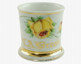 Antique German Personalized Floral Shaving Mug with Gilt Name L.A. Brooks Hand Painted Yellow Rose Motif