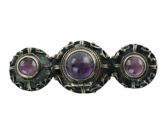 Broche de plata de ley vintage con tres piedras de amatista y cabujón venenoso, filigrana de plata de ley mexicana, joyería con compartimento secreto