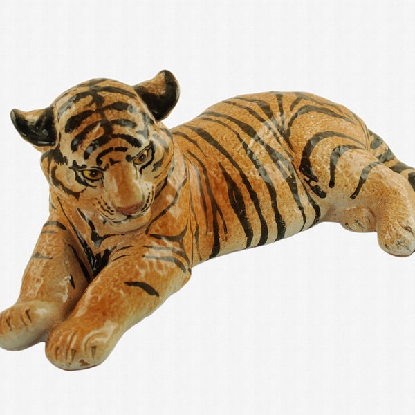 Large Vintage Italian Hand Painted Recumbent Tiger Cub Ceramic Statue