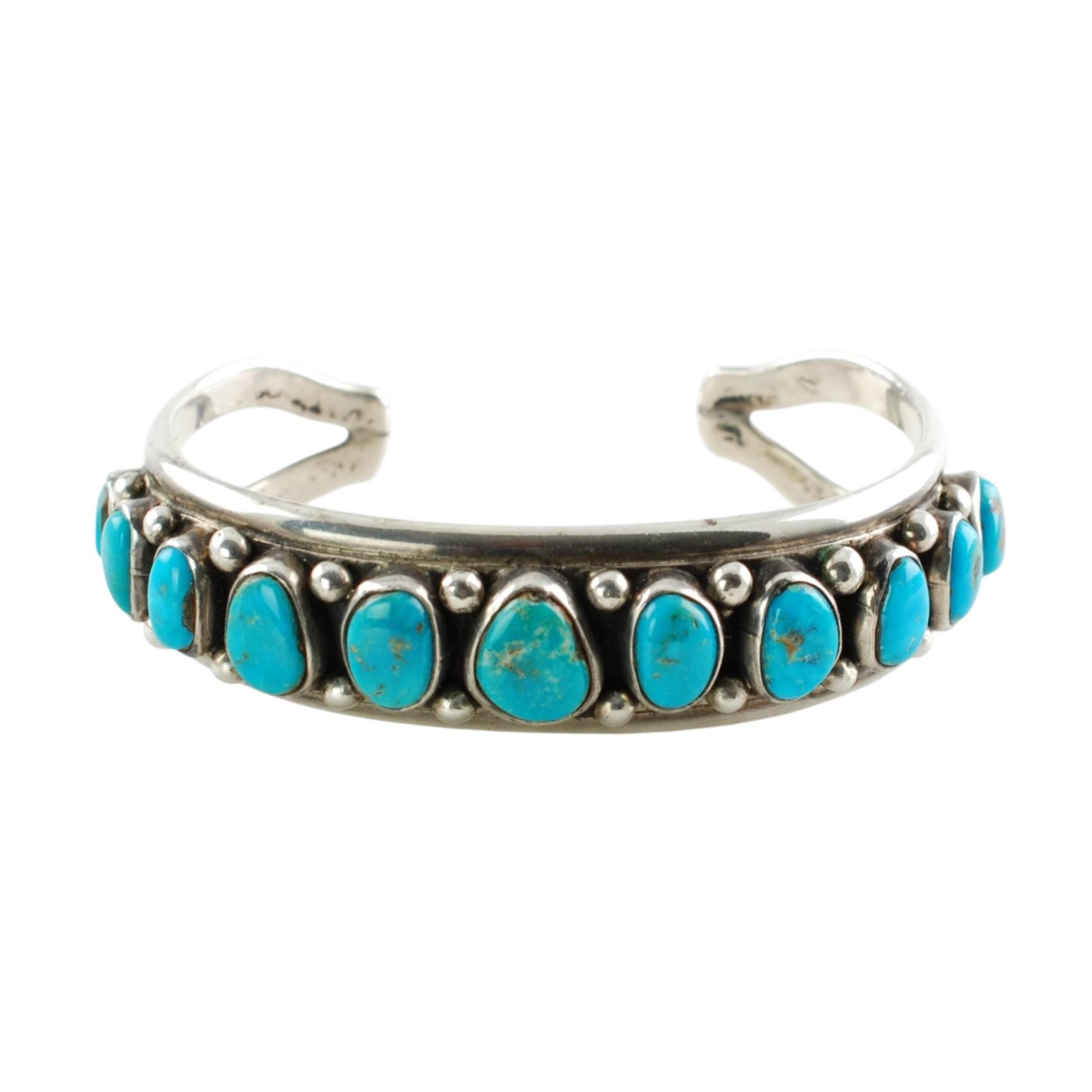 アクセサリー NAVAJO Silver Turquoise Edge Bangle Vintage Signed Navajo Turquoise 11 Stone Sterling Silver