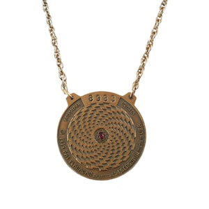 Rare Vintage 1979 Pat Flanagan Experimental Sensor III Numbered Medallion Necklace, Gold Plated Bonze Copper Ruby Accent, Pyramid Power