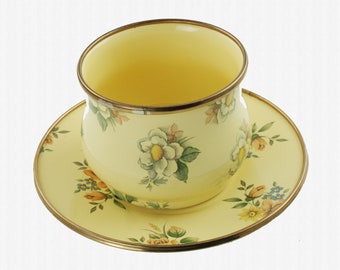 Vintage Victoria y Richard MacKenzie-Childs Taza de esmalte con patrón floral y plato de 6,125&quot;