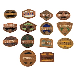 Antique NY Licensed Chauffeur Badges, 1915-1928, Set of 14, Original Backs, S.G. Adams S&S Co, Bastian Bros, American Emblem, Dieges Clust