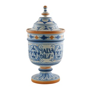 Large Vintage Italian "Malva Silv.is" Common Mallow Footed Apothecary Jar, Nora Fenton Import