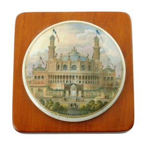 Antique F R Pratt "Paris Exhibition 1878" Ceramic Pot Lid with Wood Frame, Palais du Trocadéro