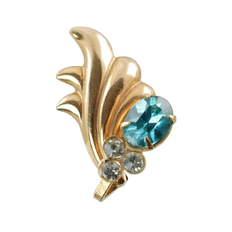 Vintage Unsigned Phyllis Demi Parure Teal and Clear Rhinestone Brooch and Screwback Earring Set, Something Blue Wedding Jewelry image 7