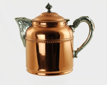 Copper Colored Tea Kettle with Ornate Pewter and Brass Mounts