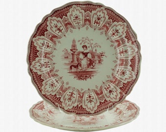 Antique "The Favourite" Dog and Lady in a Garden Motif English Staffordshire Red Transfer Decorated 9.25" Plates, Set of 2