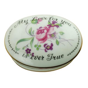 Pudełko Vintage Crown Staffordshire Fine Bone China, „Moja miłość do ciebie jest zawsze prawdziwa”, motyw kwiatów w kolorze różowym i fioletowym, prezent na Walentynki