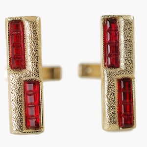 Vintage Textured Gold Tone Cuff Links with Invisible Set Ruby Red Faceted Square Rhinestones Mid Century