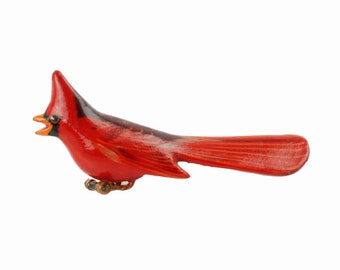 Vintage Madera Del Norte Cardenal Broche Pin Tallado a Mano Y Pintado En el Campo de Internamiento Gaman Estilo de Arte Popular de Takahashi Artista Firmado